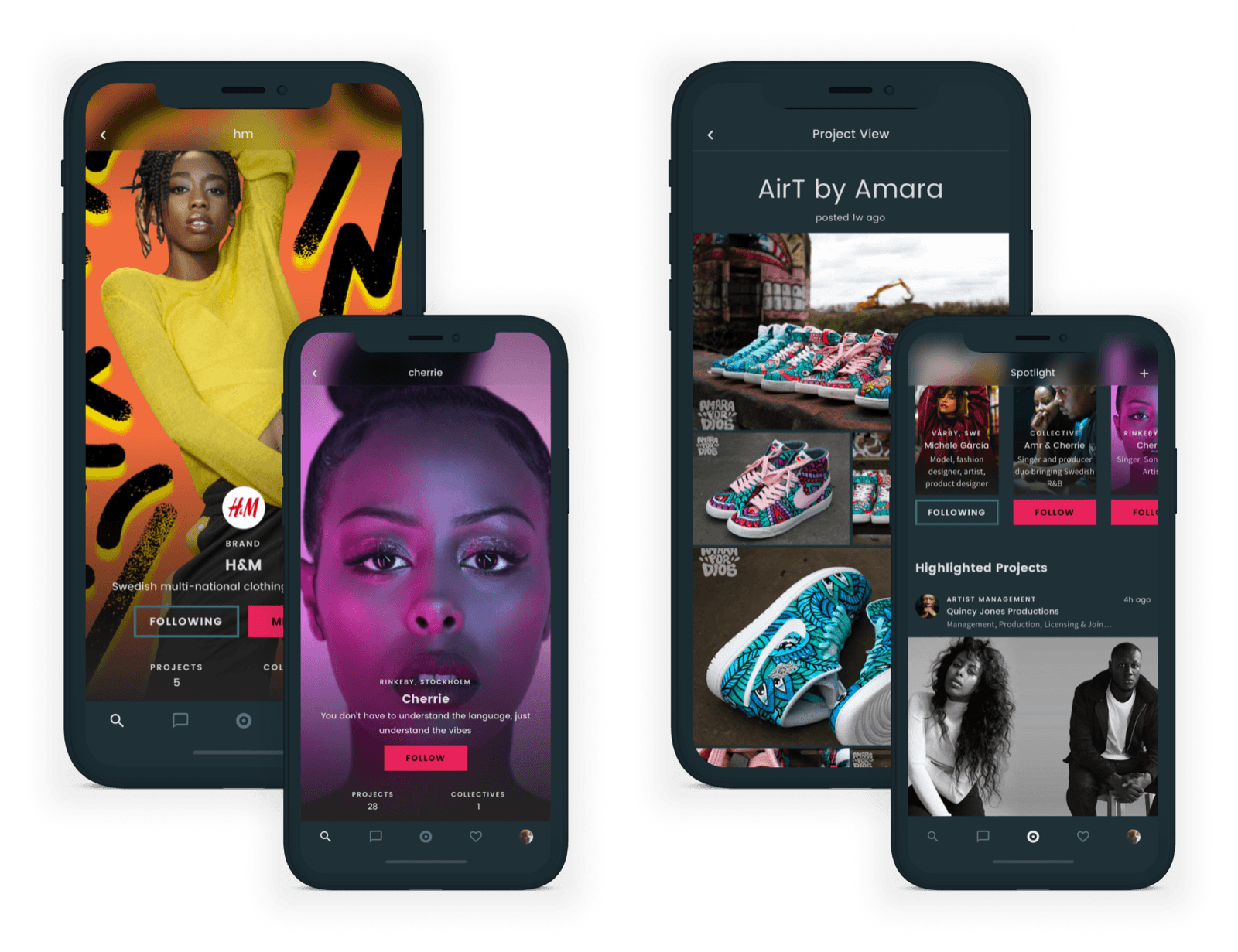 OZONE app design, 2019: brand profile for H&M, creator profile for Cherrie, project view and Spotlight screens