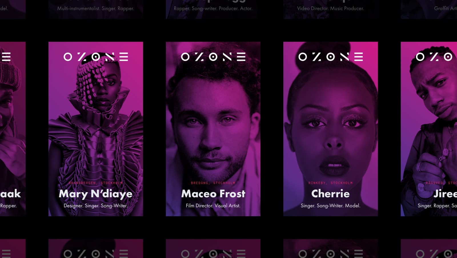 The OZONE profile system, brand design, 2019: profile cards for Mary N'diaye, Maceo Frost and Cherrie